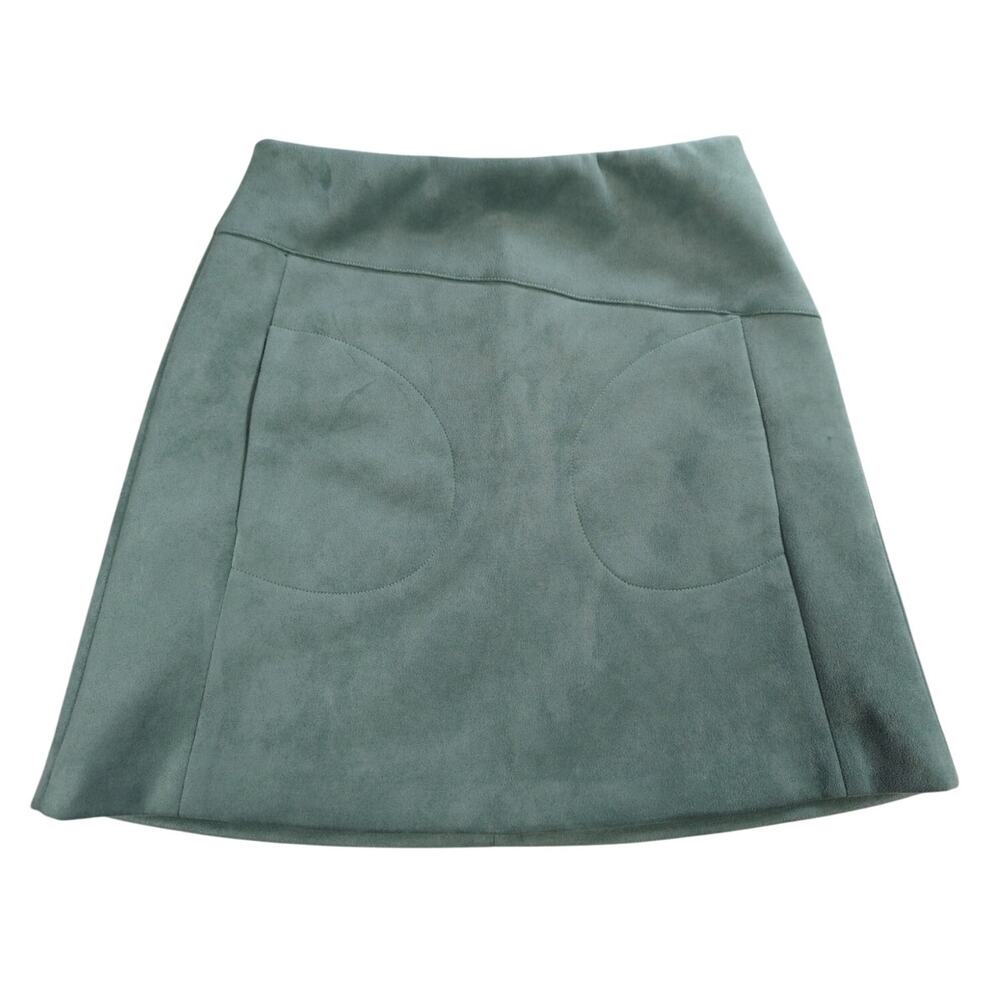 Gloria Faux Suede Mini Skirt Womens Green A-Line Soft Pocket Detail Mod Chic